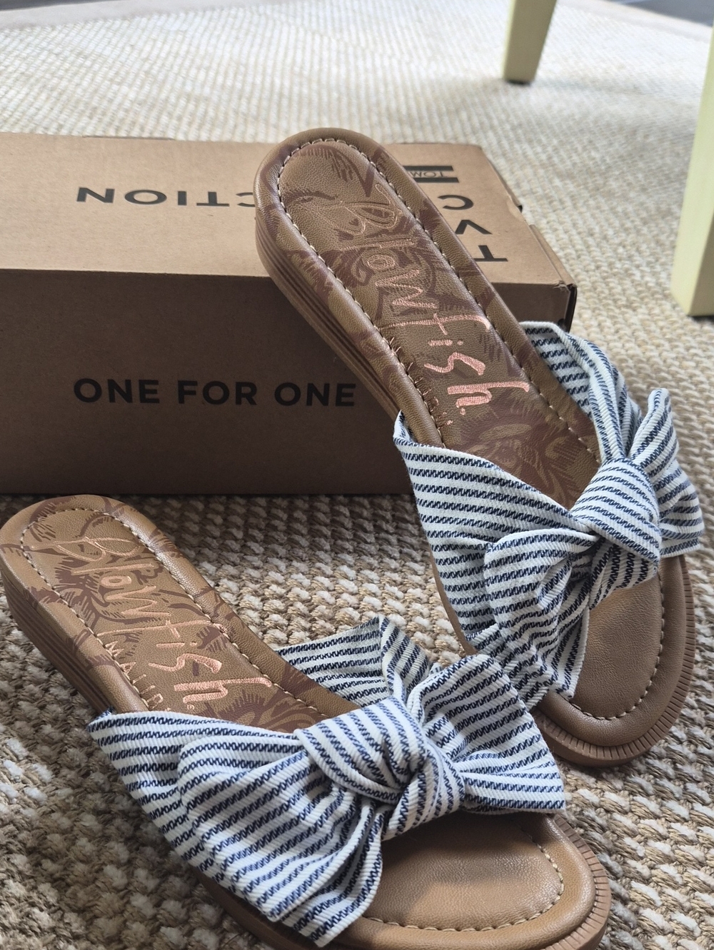 Blowfish Striped Bow Slide Sandals in Tan and Navy